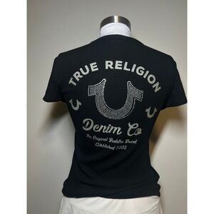 True Religion Womens Black Ribbed Rhinestone Horseshoe Graphic Tee Small